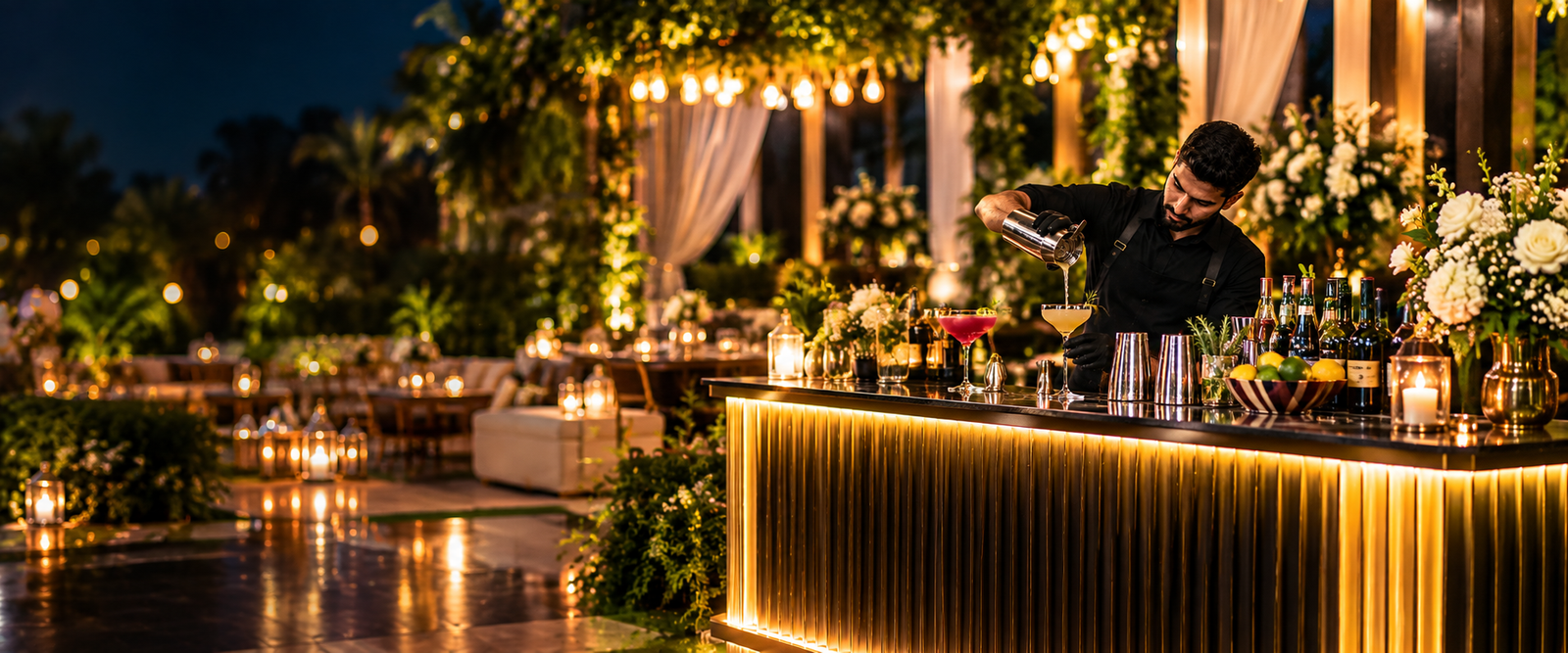 Professional wedding bartenders and elegant bar setup by AJ House
